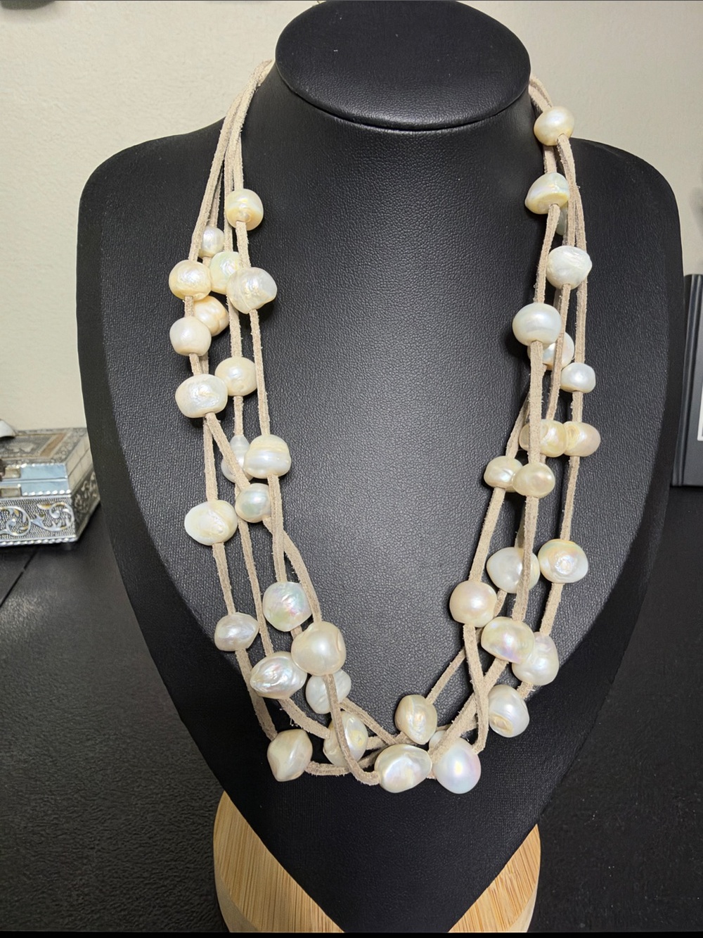 Mykonos Multi-Strand Baroque Pearl Leather Statement Elegant Necklace in Cream